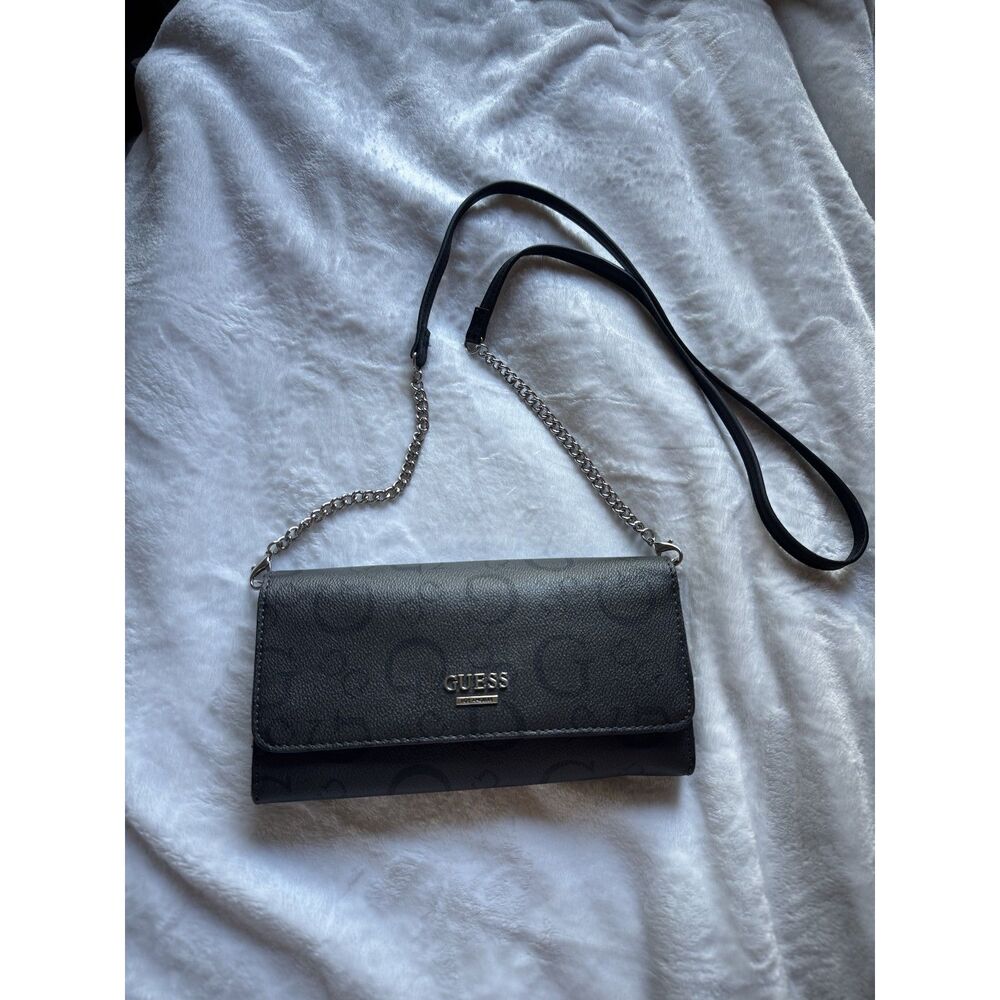 GUESS Black Logo Wallet On Chain Crossbody Bag Clutch Silver Hardware
